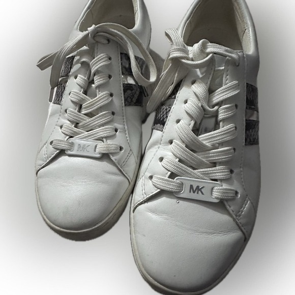 Michael Kors White Leather Sneakers with Snake Print Accent - Picture 3 of 11